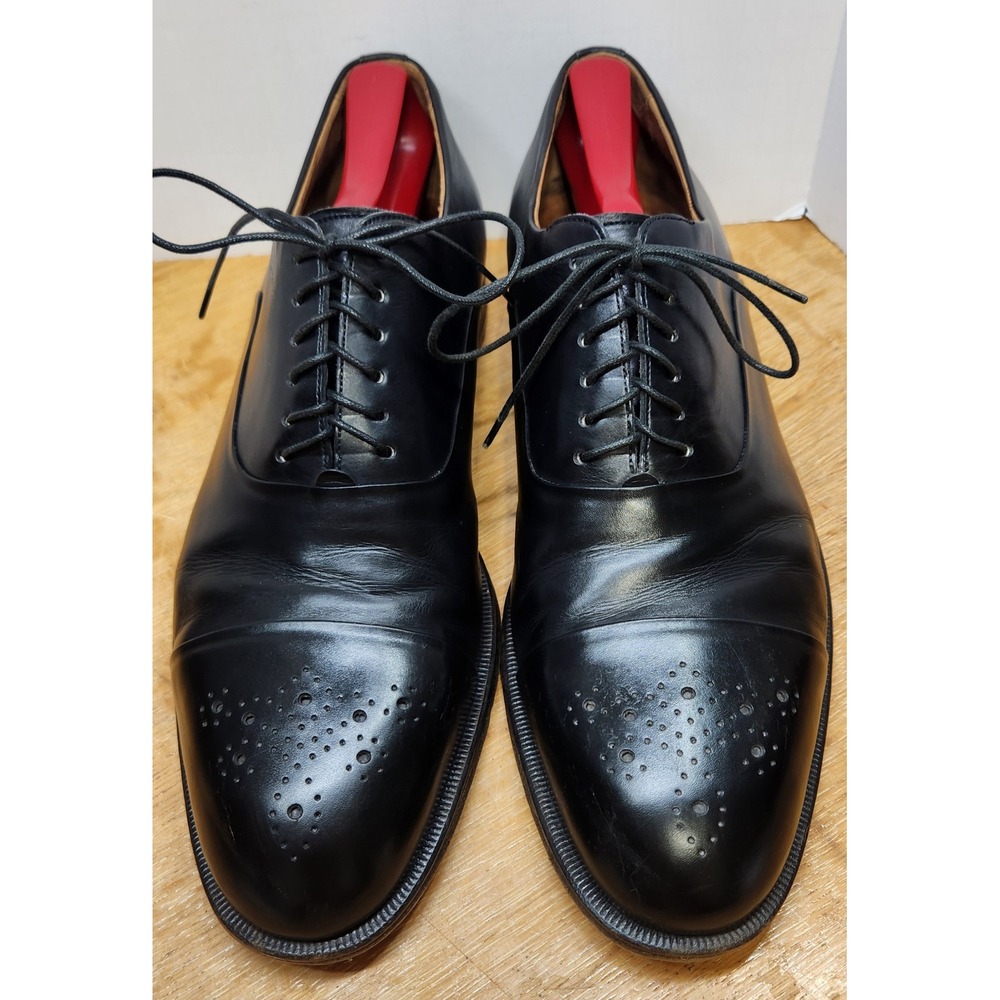 Santoni Black Leather Cap Toe Medallion Oxford Dress Shoes Lace 10.5 US 9.5 UK